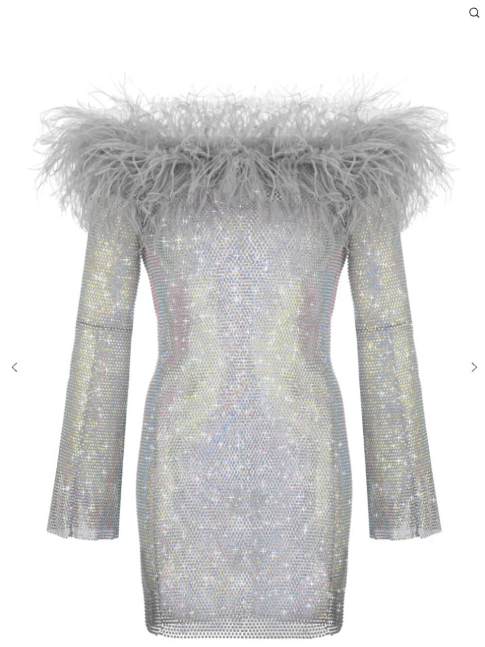 SANTA BRANDS Sparkle Silver Mini Feathers Dress with Open Shoulders